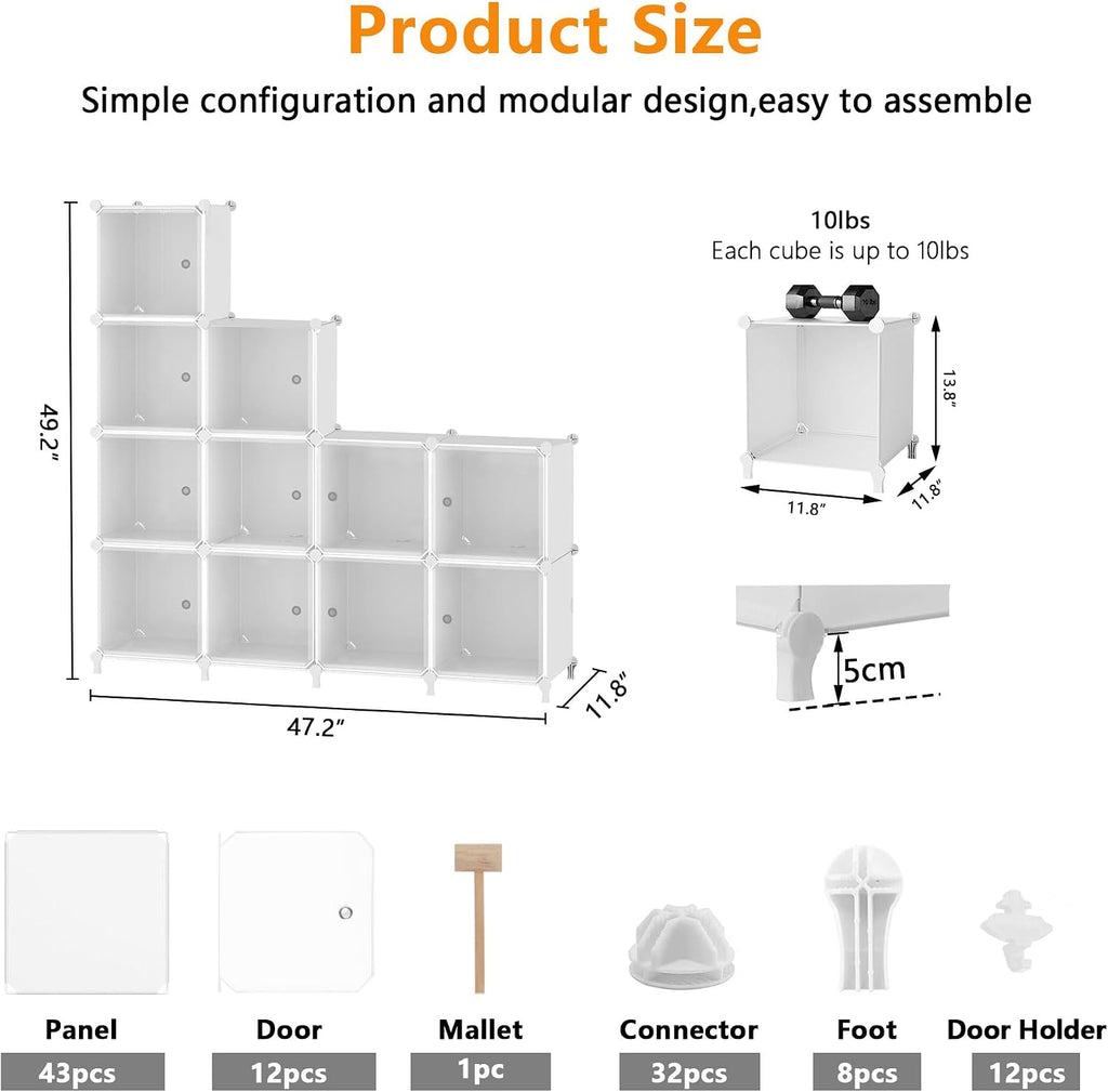 12 Cube Storage Organizer, Closet Storage Shelves with Doors, White | Portable Closet Organizers, DIY Stackable