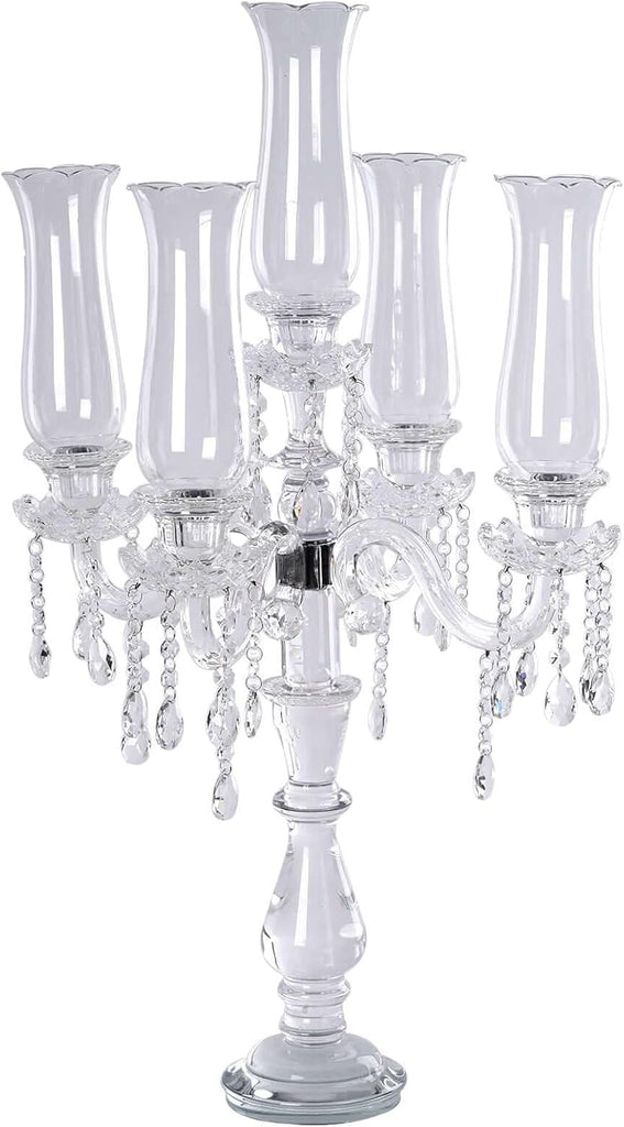5 Arm Premium Crystal Glass Taper Candle Holder Candelabra with Chandelier Chains 32"