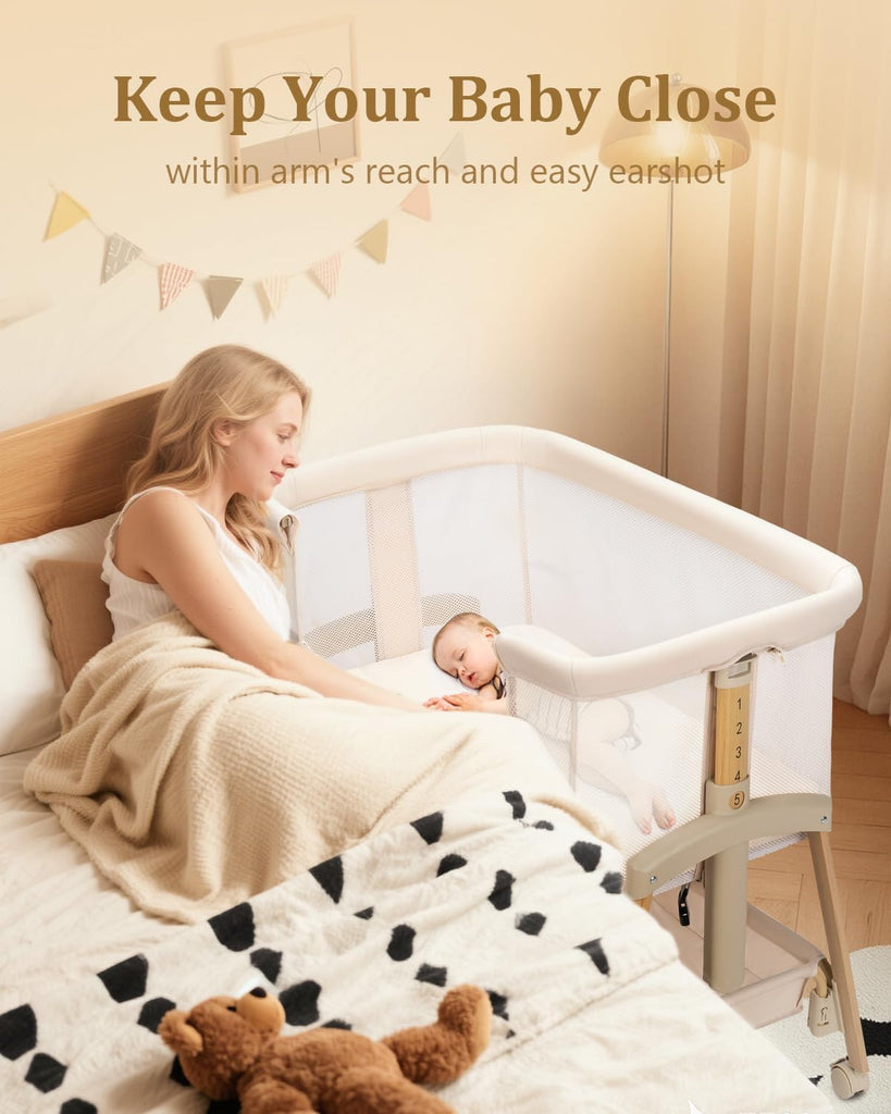 3 in 1 Baby Bassinet with Wheels, Bedside Bassinet Sleeper for Newborn, Portable Baby Crib with 7 Adjustable Height &