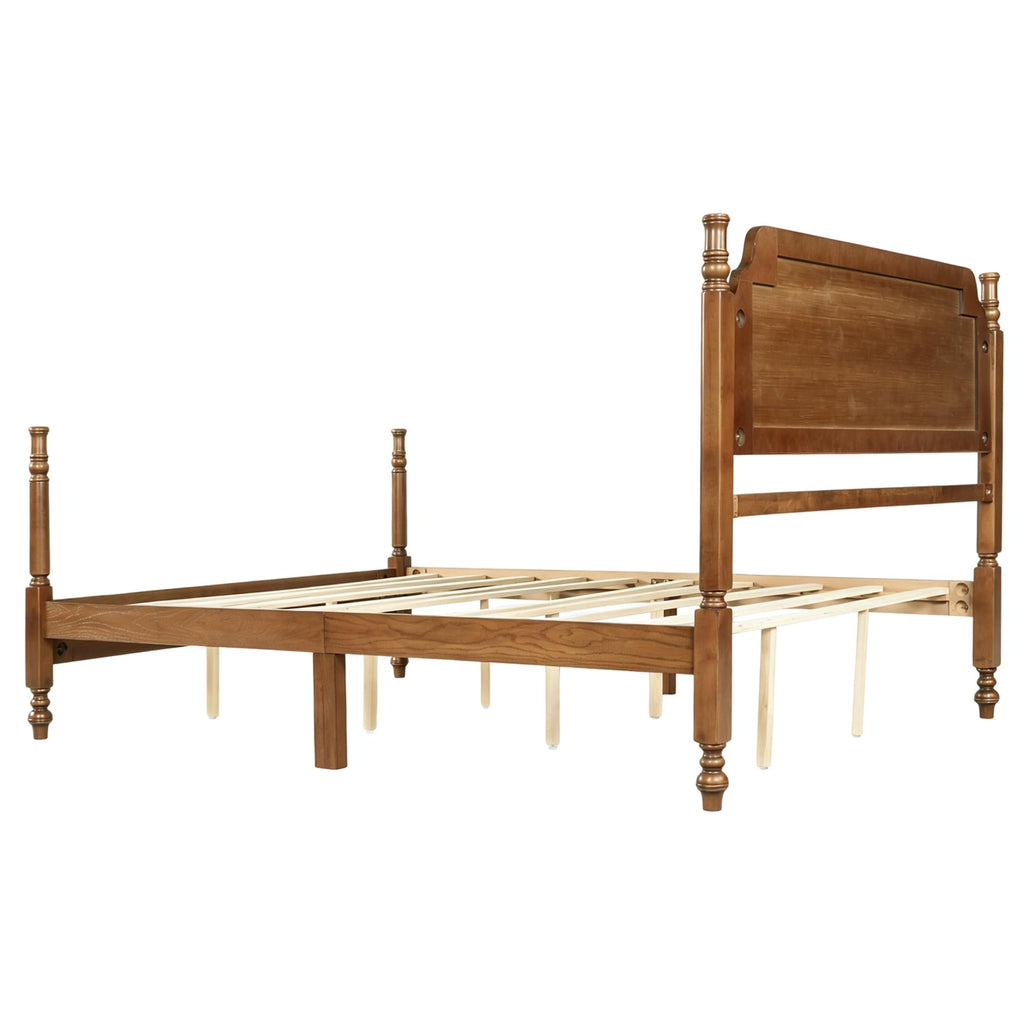 Vintage Wood Spindle Queen Bed Frame with Headboard, Light Walnut