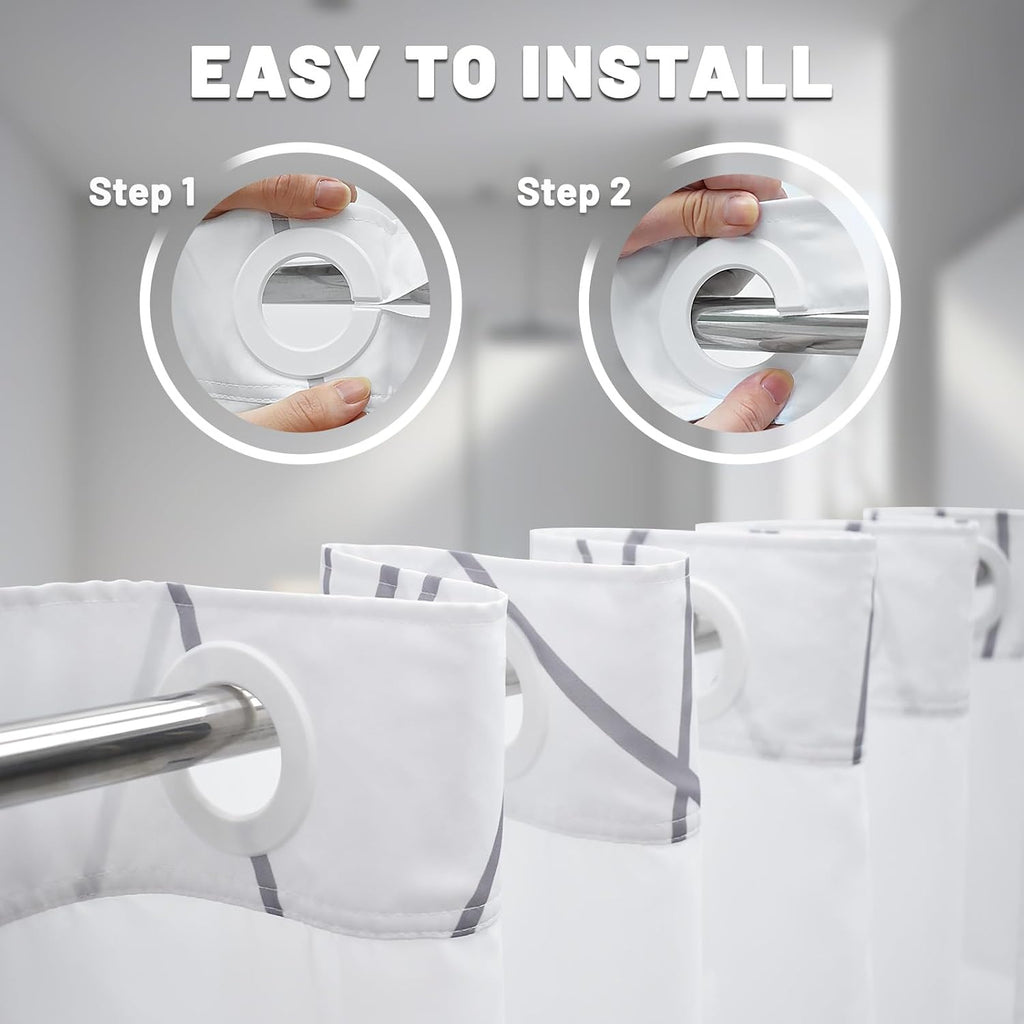 No Hook Grey White Striped Shower Curtain with Snap in Fabric Liner Set - Hotel Liner Set with See Through Mesh Top