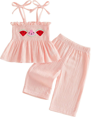 Toddler Girl Summer Outfits Strawberry/Watermelon/Avocado Smocked Tank Tops Linen Pants Cute Muslin 2 Piece Set