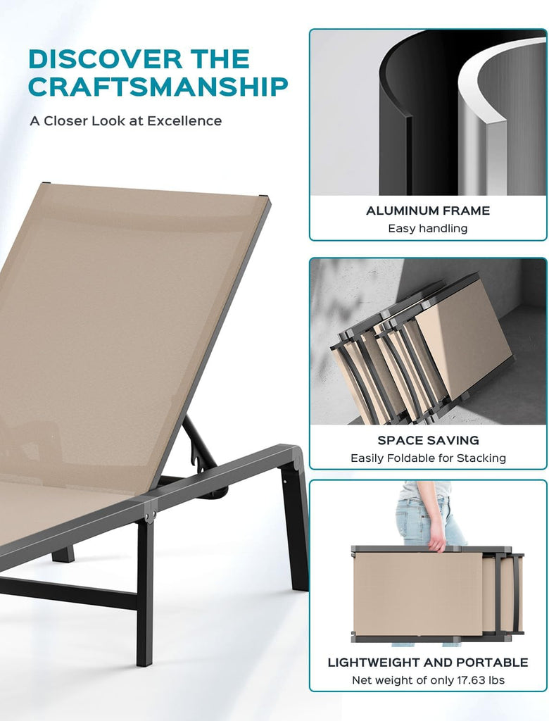 Aluminum Chaise Lounge Ourdoor - Foldable & Assemble Free Outdoor Lounge Chair with 5 Adjustable Backrest, Patio