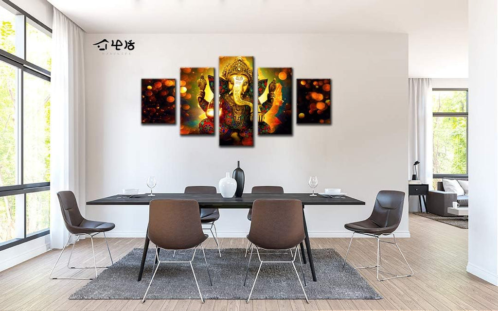 Large 5 Panel Hindu God Ganesha Wall Art - Traditional Indian Canvas Prints Decor (Framed)