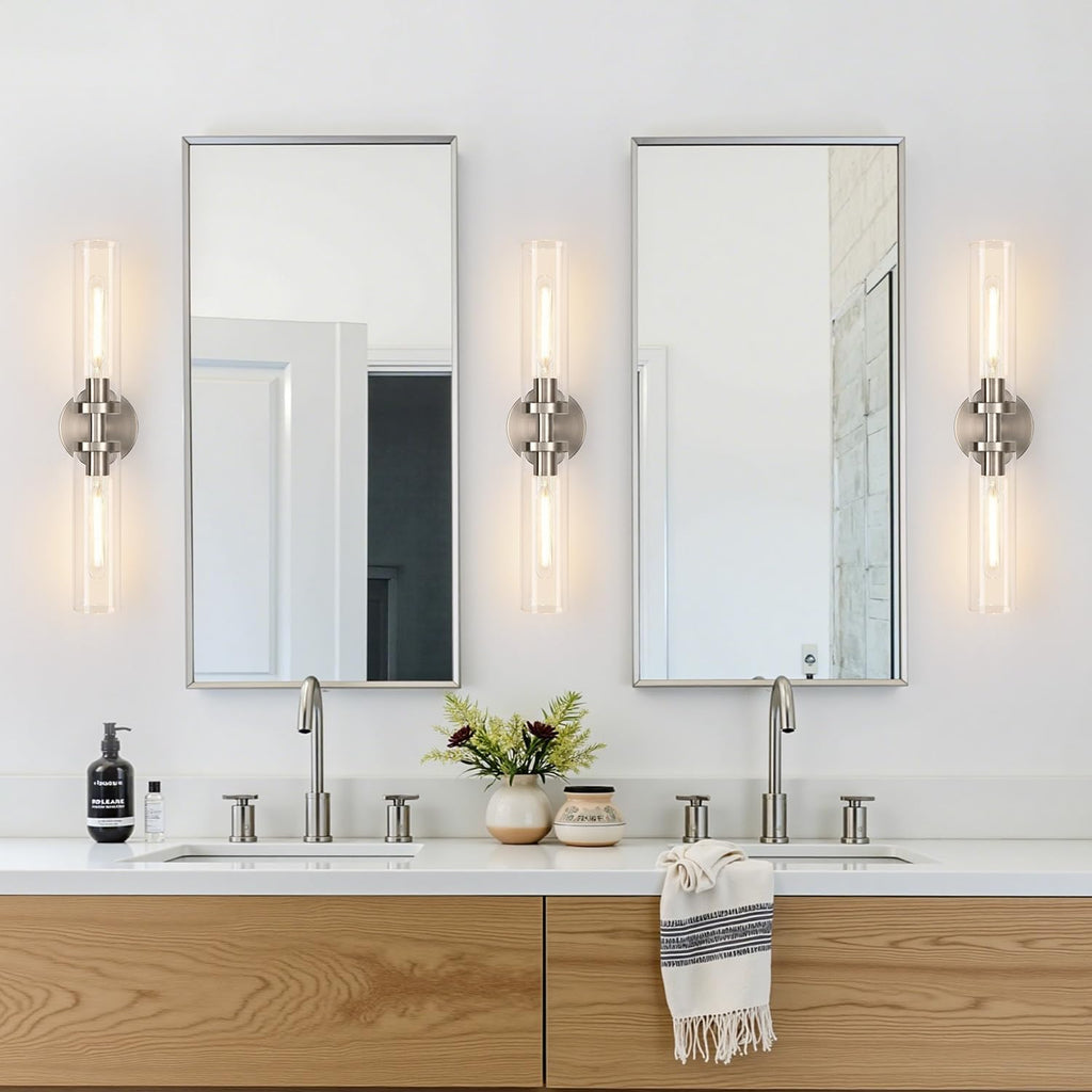 Brushed Nickel Wall Sconces, Hardwired Bathroom Sconces Vanity Light with Clear Glass, Modern Bathroom Vanity Lights