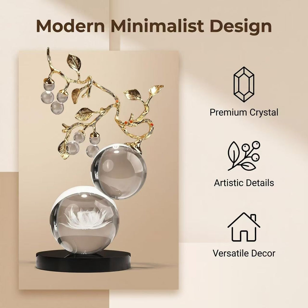 Clear Glass Sculpture, Handmade Gold Metal Branch Decorative Statue | Minimalist Desk Sculpture Decor, Tabletop