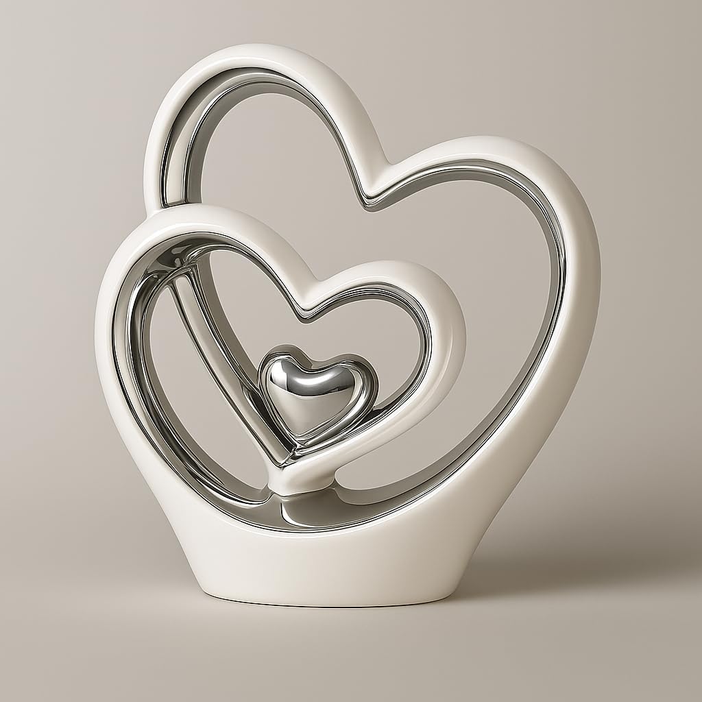 Silver Heart Ornament - Elegant Ceramic Couple Sculpture - White & Silver Tabletop Decor - Romantic Centerpiece or