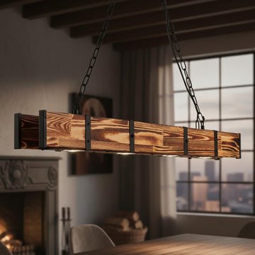 4 Lights Kitchen Island Lighting, Led 4000K Farmhouse Linear Chandelier Pool Table Pendant Light Fixture, Rustic Wood