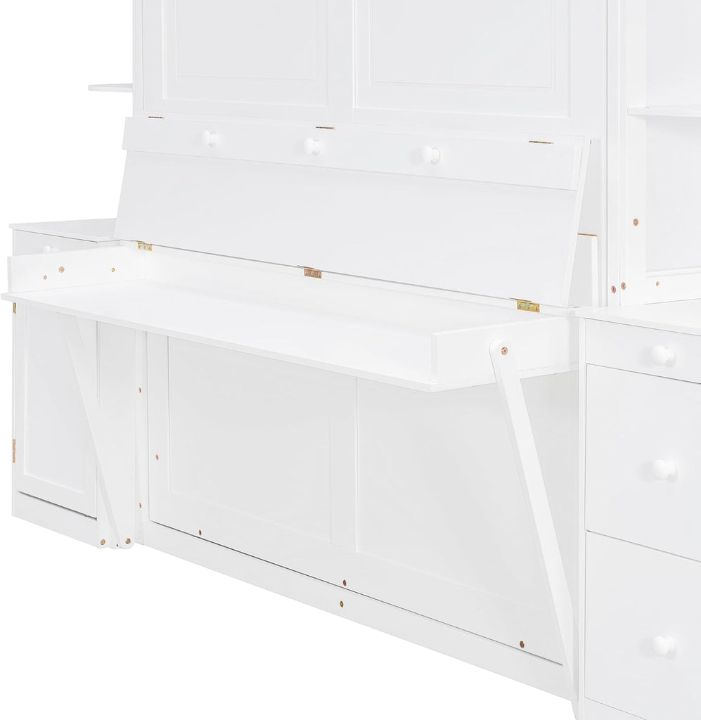 Murphy Bed with Desk, Lights, Storage Shelves and Cabinets, Hidden Wall Bed for Home Office, Space-Saving Design