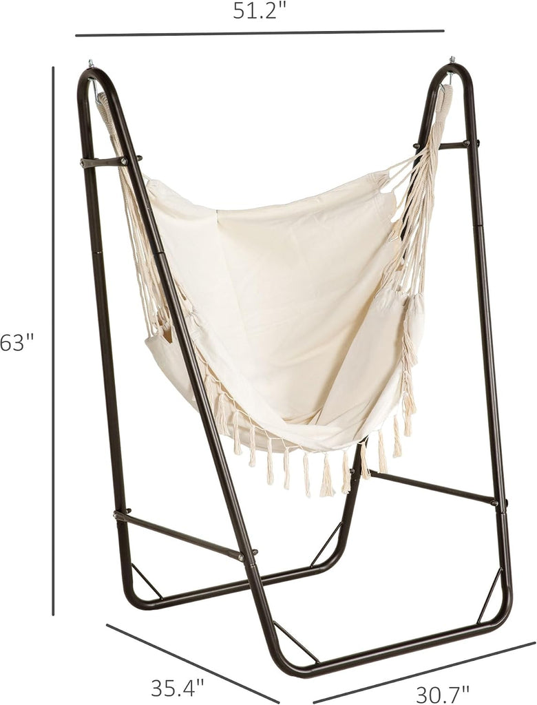 Patio Hammock Chair Outdoor with U Shape Stand Brown/Cream White | Outdoor Hammock Swing, Hanging Lounge Chair, Side