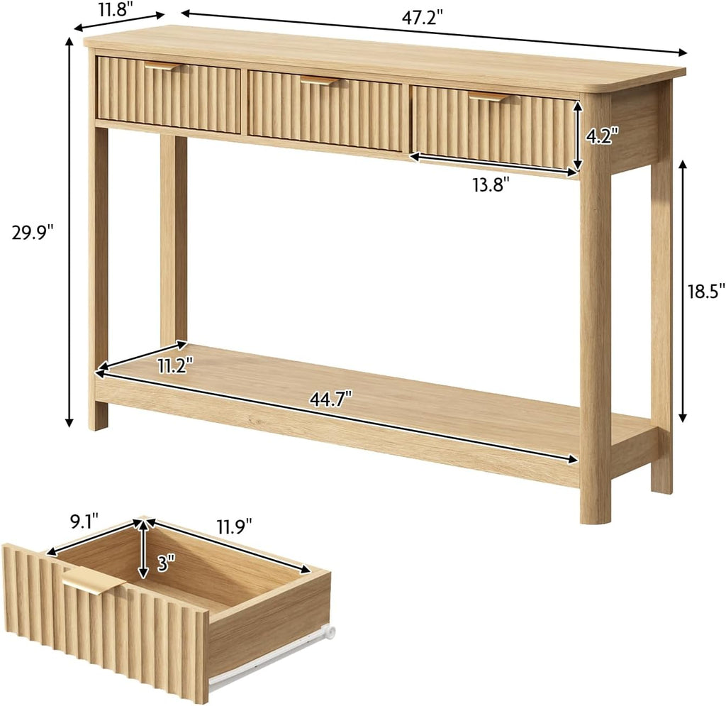 Fluted Console Table with Drawers, Modern 47.1" Entryway Table with Storage Shelf, Boho Narrow Skinny Behind Couch