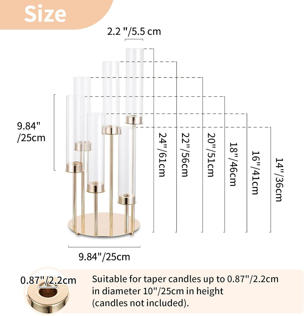 Hurricane Glass Candle Holders: 6 Arms Gold Metal Candlestick Candelabra with Removable Clear Cylinder Sleeve 24 inch
