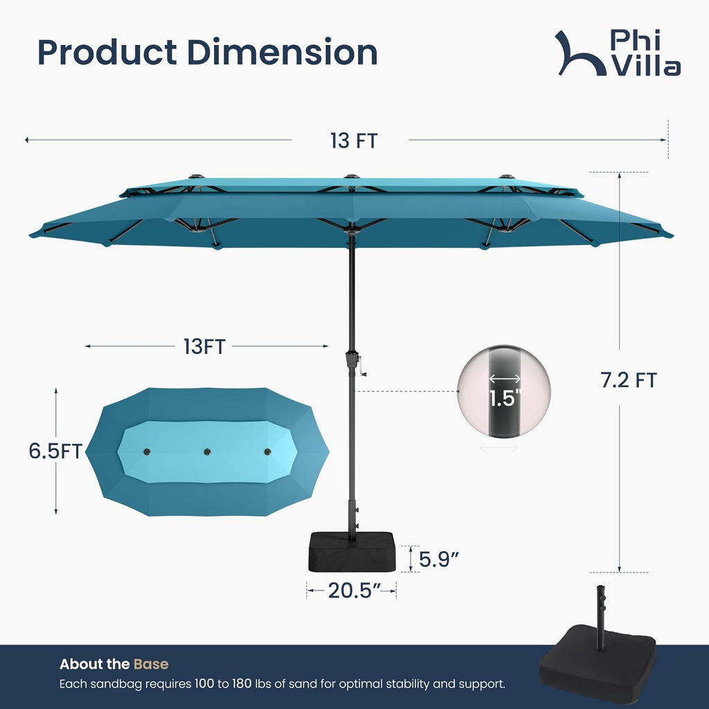 13ft Large Patio Umbrellas with Base Included, 2-Tier Double-Sided Outdoor Market Rectangle Umbrella Blue & Cerulean