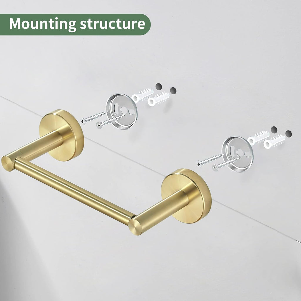 Gold Bathroom Hardware Set, Brushed Gold Toilet Paper Holder Towel Ring 2 Robe Hooks Wall Mount Hand Towel Holder