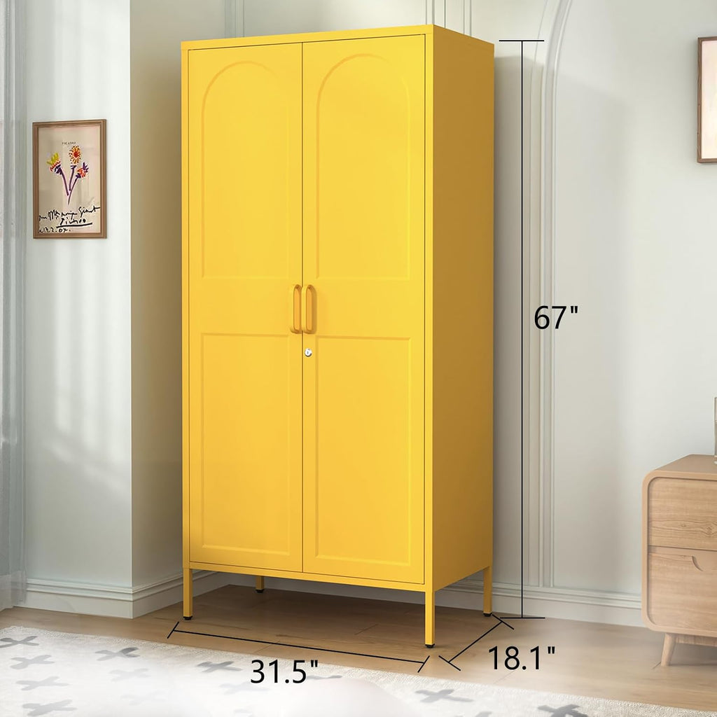 Yellow Lockable Armoire Wardrobe Closet Storage Cabinet with Hanging Rod, 67" Metal Wardrobe Cabinet with 2 Doors and
