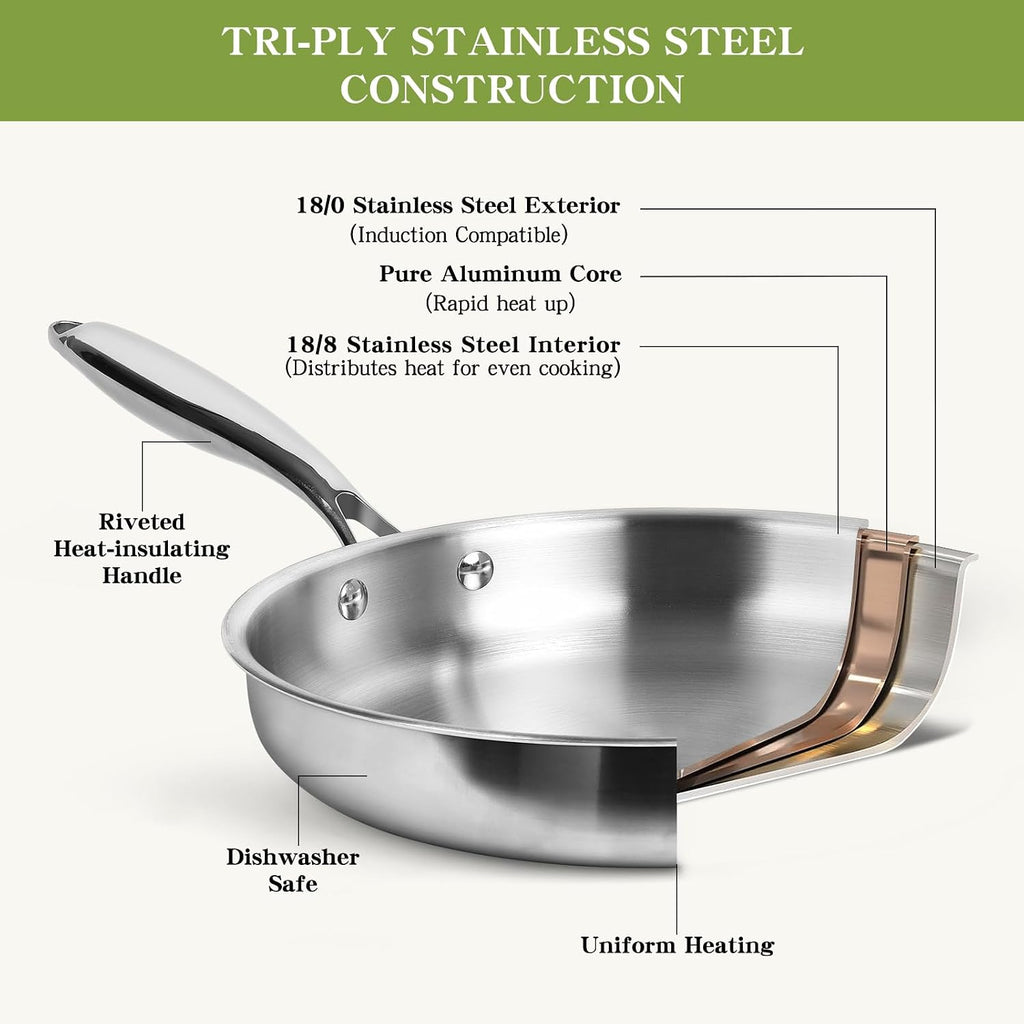 Triple Ply Stainless Steel Pots and Pans Set, 12 Piece Induction Cookware Set, Oven Dishwasher Safe | Frying Pans