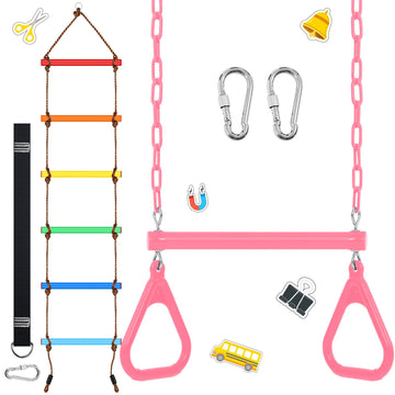 2 Pack Trapeze Swing Bar Rope Ladder Play Sets 48" Kids, Pink