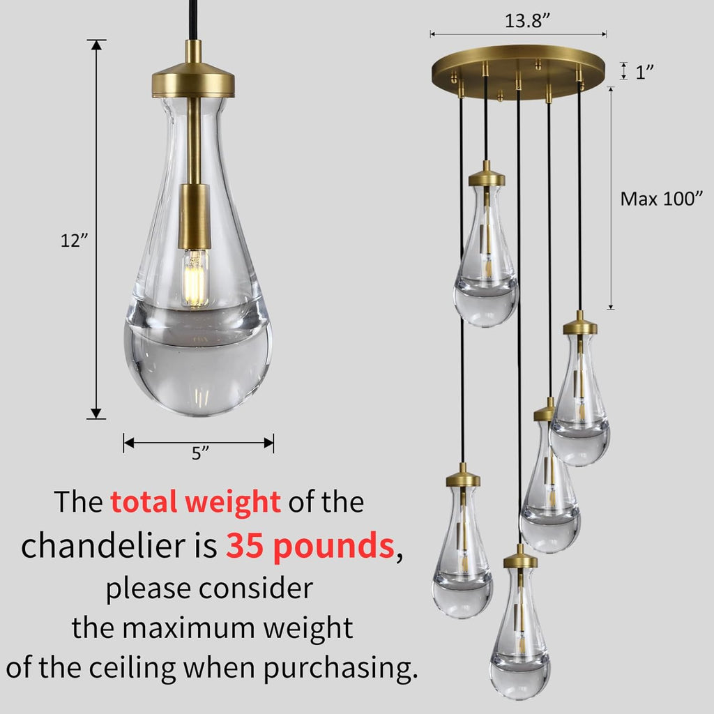 5-Light Raindrop Pendant Light Fixtures, Brass Glass Pendant Lighting, Teardrops Modern Hanging Light for Entryway Foyer Kitchen Island Dining Living Room Hallway