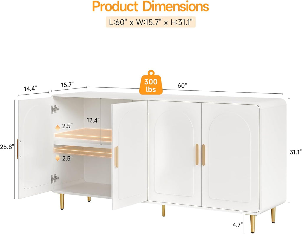 60" Sideboard Buffet Cabinet, Large Credenza Storage Cabinet, Modern Console Table with Doors and Shelves
