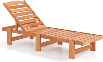 Lounge Chair Outdoor, Solid Wood Patio Chaise Lounge with 5-Level Adjustable Backrest, Wooden Slatted Beach Pool