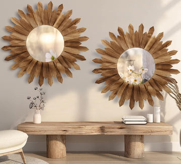 2 Pack 22 Inch Boho Wall Sunburst Mirror Rustic Round Wood Decorative Mirror Boho Wall Art Decor Bedroom Living Room