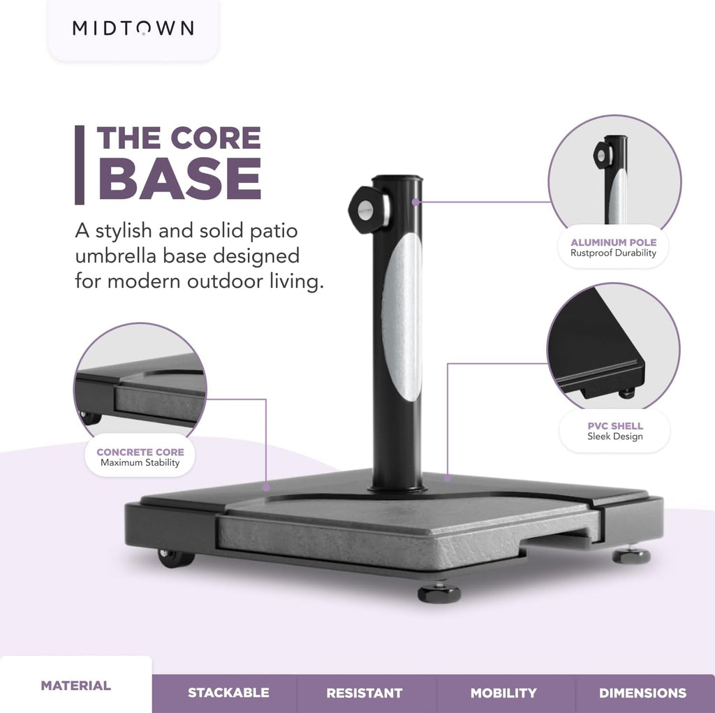 The Core Base - Patio Umbrella Base with Wheels. Aluminum Base Pole for Umbrella Poles of 1.5-2 Inches Diameter.