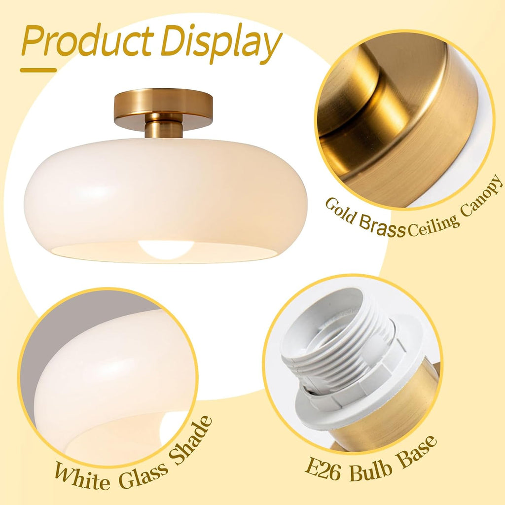 Mid Century Modern Ceiling Light - MCM Milk Glass Flush Mount with 11" White Dome Shade - Gold Brass Ceiling Lamp