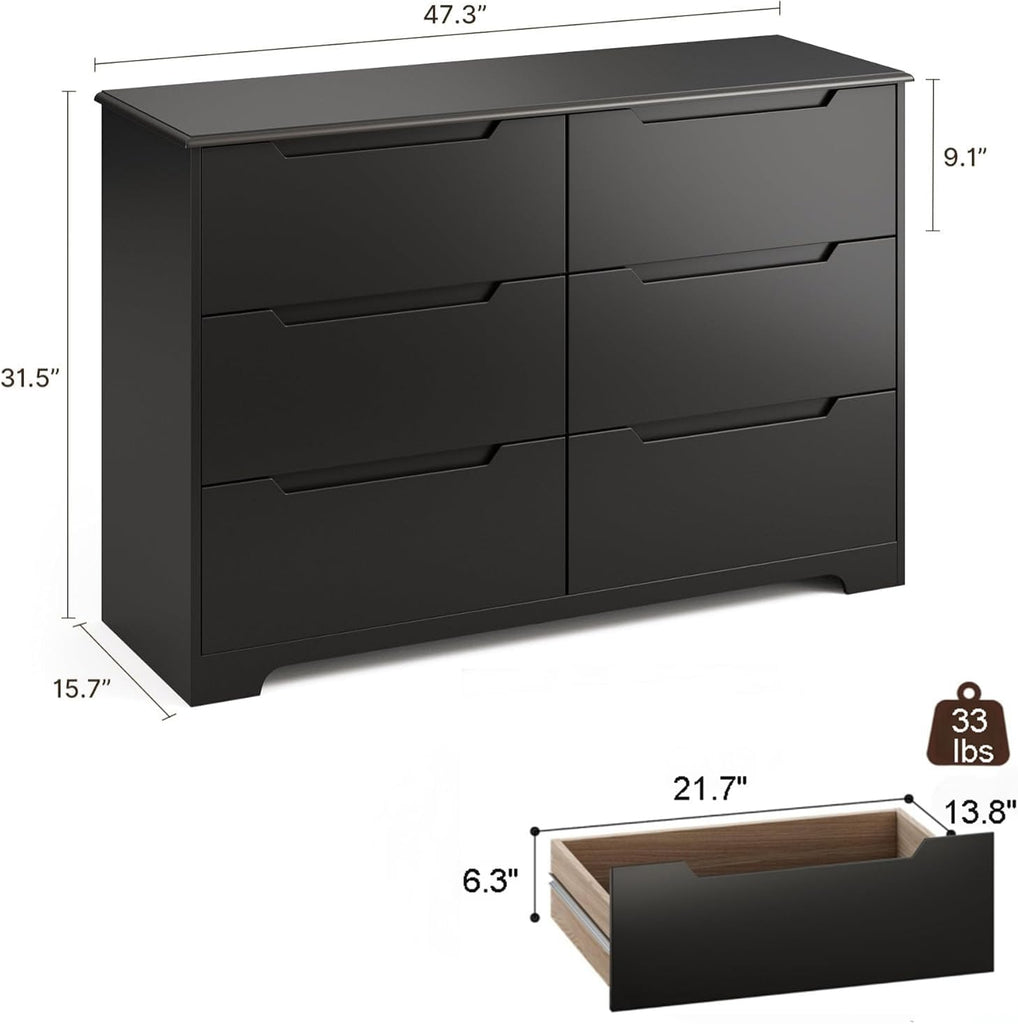 6 Drawer Double Dresser with Anti-Tip Design, Black | Modern Wide Wooden Chest of Drawers with Cut-Out Handles