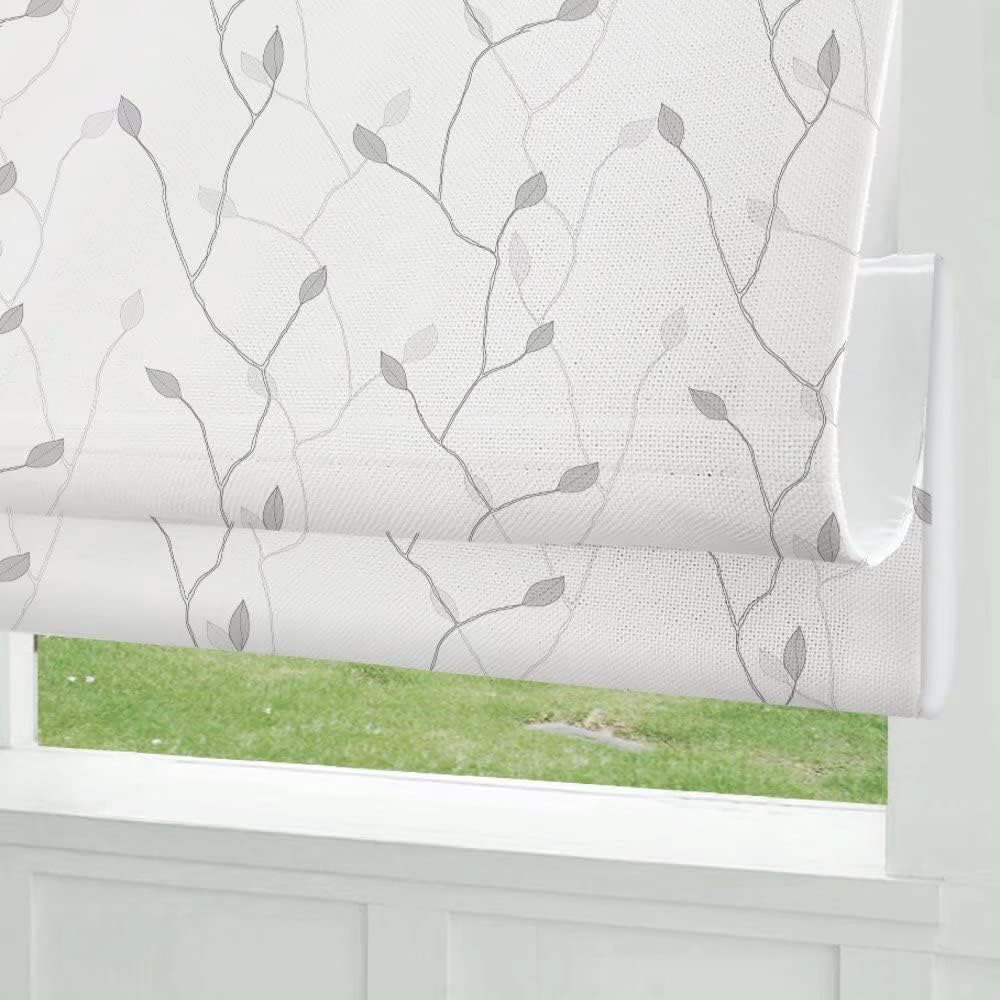 Cordless Roman Shades Window Shades, Grey Brance Leaf Blackout Light Filtering Custom Window Roman Blinds, 10% Linen