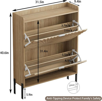 Two-Layer Shoe Cabinet with Two Flip Drawers,Wooden Thin Shoe Cabinet with Metal Handles and Metal Legs,Anti-Dump