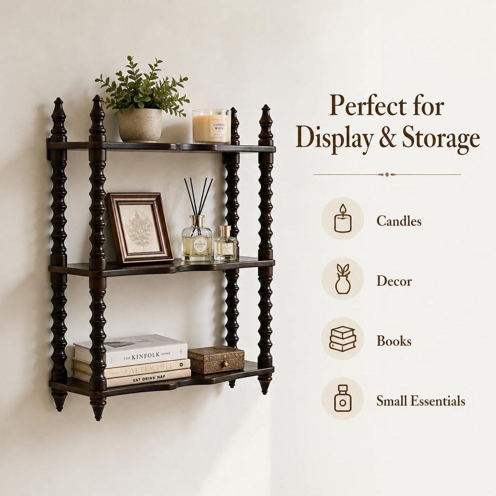 Solid Wood Wall Mounted Shelf, Vintage 3-Tier Carved Wooden Display Rack, Rustic Decorative Storage Shelf with Turned