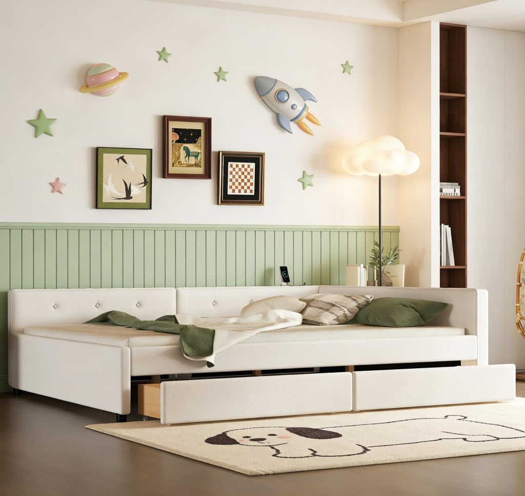 Queen Corner bedframe with 2 Drawers and USB,Upholstered daybed with Storage, L-Shape daybed Living Room, Beige + Linen