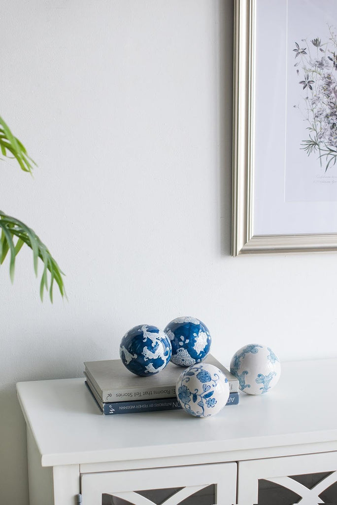Set of 4 Ceramic Decorative Spheres - Handcrafted Blue and White Coastal Floral Orbs Decor, Tabletop Accent, Shelf