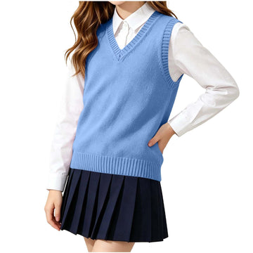 V Neck Sweater Vest Sleeveless Knit School Pullover for Girls