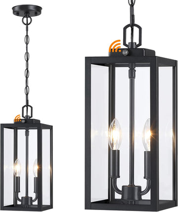 Large Outdoor Pendant Light 2-Light, 15'' Dusk to Dawn Modern Black Metal Outside Chandelier Exterior Hanging Fixture
