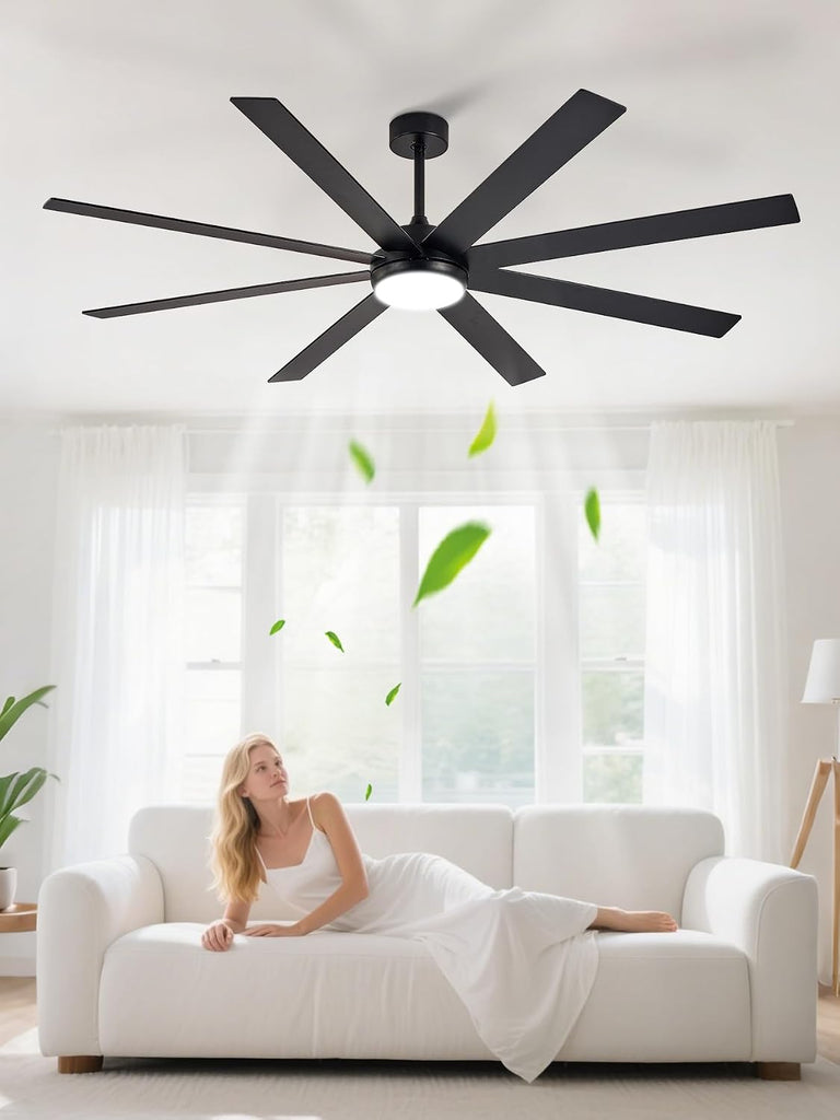 72" Ceiling Fans with Lights: Black Indoor/Outdoor Ceiling Fan for Patios Living Room - 8 Blades Dimmable Large