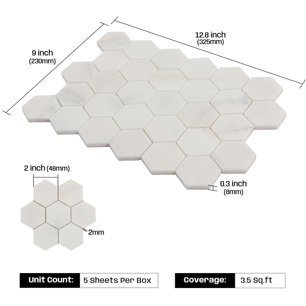 Marble Mosaic Tile, 2 Inch Hexagon, Honed, White Natural Stone Mosaic Tiles Backsaplsh, Shower Floor, Bathroom