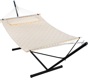 Outdoor Hammock Heavy Duty Hammock with 12 Feet Steel Stand, Cream | Two Person Hammock with Stand and Balance Ropes