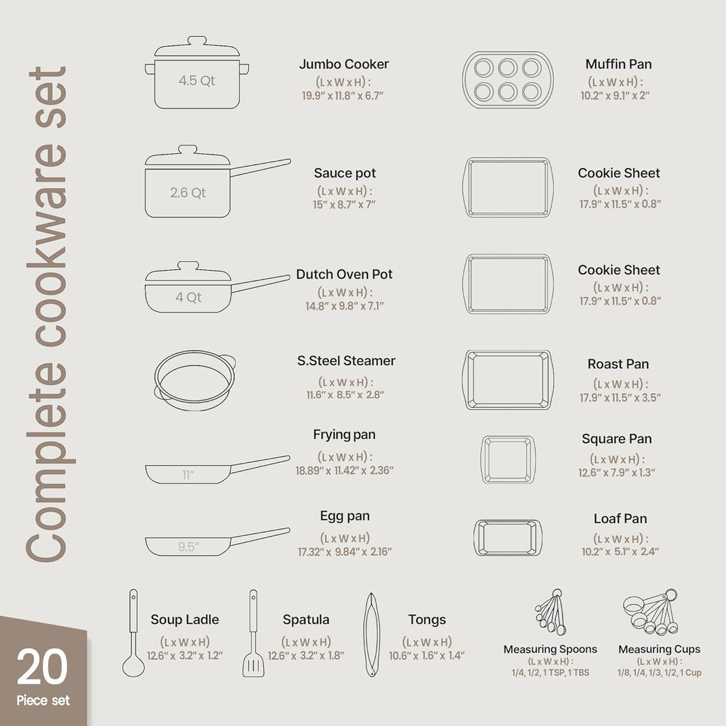 20 Piece Cookware Set - Pots and Pans with Handle Grips and Tempered Glass Lids, With 6-piece Bakeware