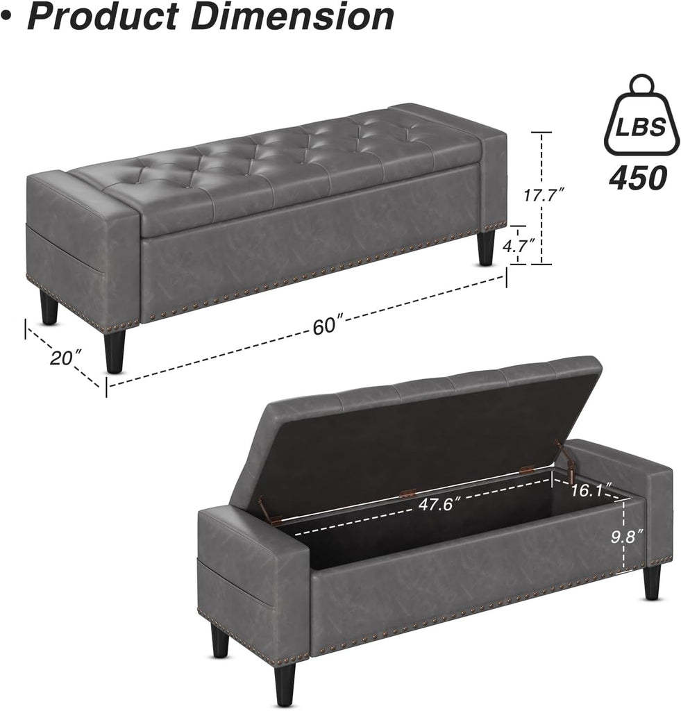 60" Storage Ottoman Bench, Faux Leather Upholstered Bed Bench, Grey