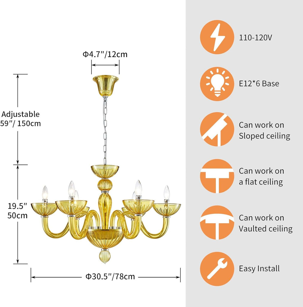 6 Light Crystal Chandelier, Modern Dining Room Light Fixture, Yellowish Green Crystal Pendant Light for Bedroom Livingroom, S Glass Tube, D30xW30xH20, E12 Socket