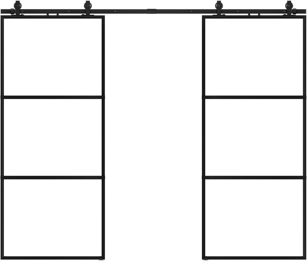 76 x 84 in Metal and Glass Sliding Double Barn Door with Installation Hardware Kit (Soft-Close Inclu