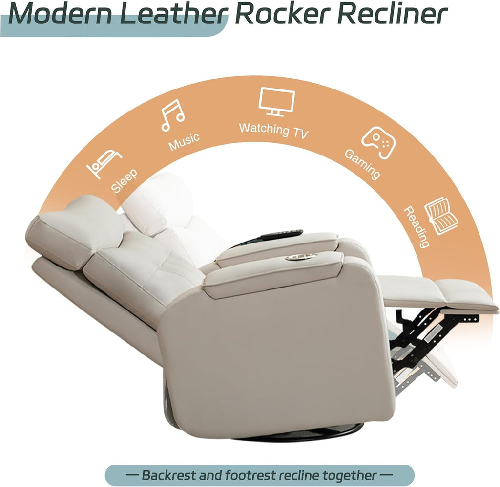Swivel Rocker Recliner with Massage & Heat, PU Leather Rocking Recliner with Type-C Port & Timing, Oversized Power