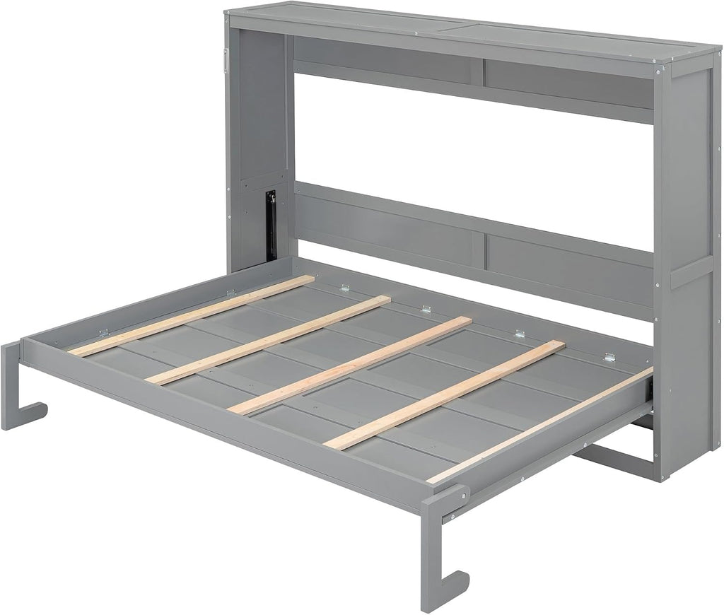 Full Murphy Bed with Storage Shelf, Wood Murphy Bed Cabinet for Home Office Studio, Can Be Folded into a Cabinet, No