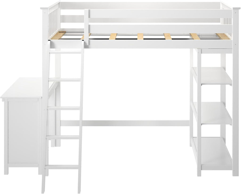 High Loft Bed, Twin Bed Frame for Kids With Bookcase and Desk, White