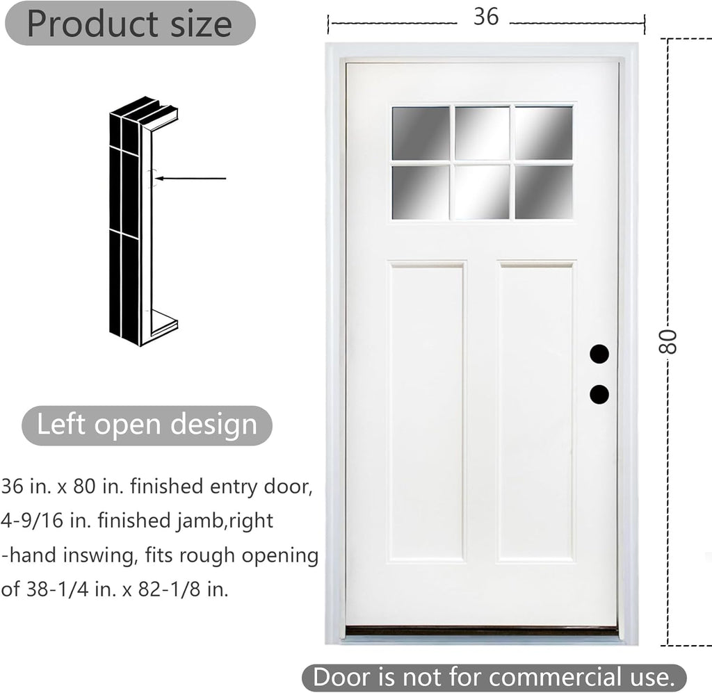 Modern 36 x 80 Fiberglass Entry Door with Low-E Glass, 6-Lite Front Door for Home, Pre-Hung Fiberglass Door System