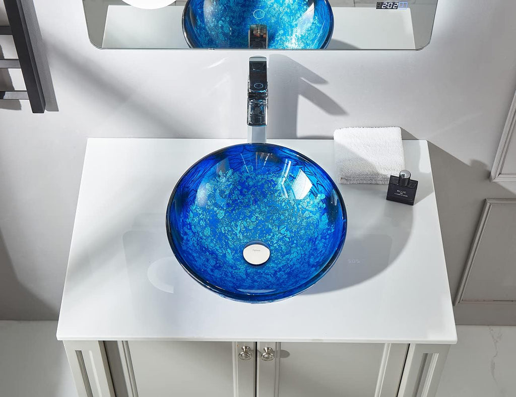 Blue OceanMystery Series Tempered Deco Glass Vessel Bathroom Sink in Starry Blue | Top Mount Sinks Above Countertop |