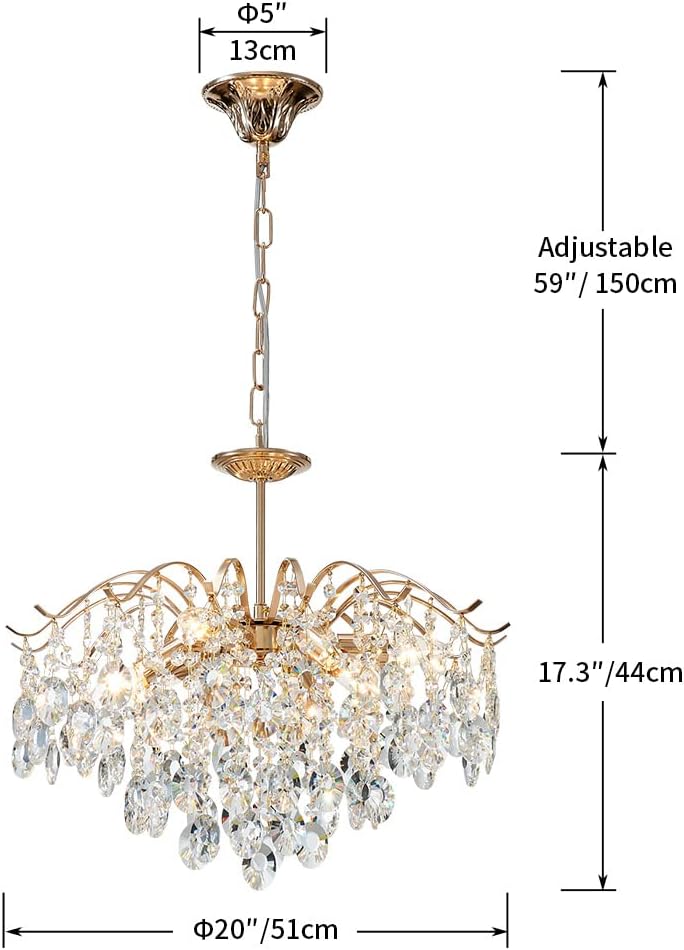 6-Light Gold Crystal Chandeliers, Middle Century Dining Room Light Fixture, Modern Pendant Light for Living Room, D20 x H17, Adjustable Chains 59", Chopper Finish Metal Frame