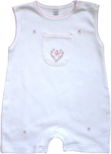 Baby Girl Cotton Pima Romper Jumper with Hand Embroidered Heart and Scallops