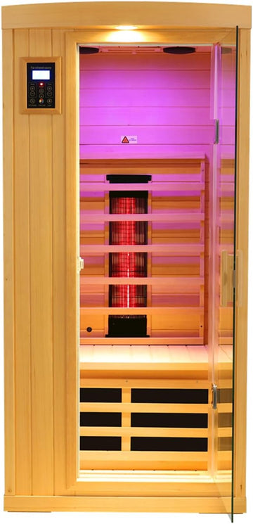 1 Person Infrared Sauna, Ceramic Low EMF FAR Infrared Indoor Sauna for Home, 1300w Canadian Hemlock Wood Saunas with Bluetooth Control, LCD Display, LED Reading Light